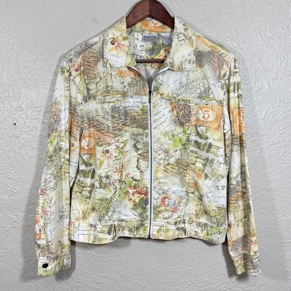 Vtg 90s Chicos Jacket Med Crop Linen Postcard‎ Stamp Artsy Travel Lagenlook Euro
